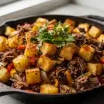 Skillet corned beef hash with crispy potatoes in a cast iron pan