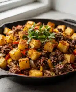 Skillet corned beef hash with crispy potatoes in a cast iron pan