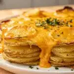 Creamy smoked gouda scalloped potatoes with crispy parmesan crust and chives.