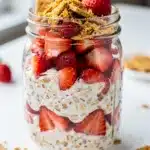 Creamy strawberry cheesecake overnight oats in a jar with fresh fruit topping