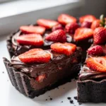 Creamy chocolate strawberry silk pie slice with fresh berries close up
