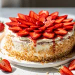 Strawberry coconut cream pie slice with toasted crust and glossy berry topping