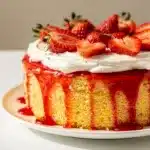 Classic strawberry jello poke cake with whipped topping and fresh strawberry garnish
