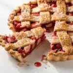 Golden brown strawberry rhubarb pie with glossy red filling on a rustic wooden table.
