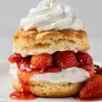 Classic strawberry shortcake biscuits topped with juicy berries and whipped cream
