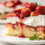 Strawberry shortcake sheet cake with whipped cream and fresh sliced strawberries.