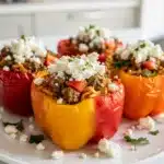 Colorful bell peppers stuffed with vibrant Mediterranean rice and creamy feta cheese.