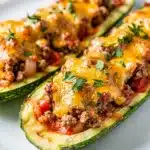 Cheesy ground beef stuffed zucchini boats with a rich tomato filling.