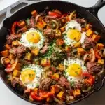 Sweet potato corned beef hash skillet with creamy egg yolks and crispy textures.