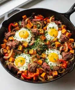 Sweet potato corned beef hash skillet with creamy egg yolks and crispy textures.