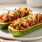 Colorful zucchini boats filled with tomato basil and melted golden cheese