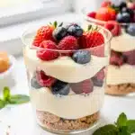Creamy vanilla pudding parfait with fresh berries and whipped cream