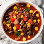 Quick vegetarian chili with black beans in a rustic white bowl