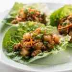 Savory Asian chicken lettuce wraps with vegetables in a minimalist kitchen setting.