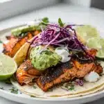 Blackened salmon tacos with avocado and purple cabbage close-up
