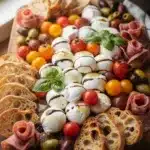 Vibrant Caprese grazing board with mozzarella tomatoes basil and balsamic glaze