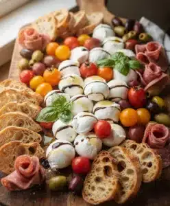Vibrant Caprese grazing board with mozzarella tomatoes basil and balsamic glaze