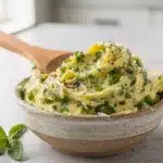 closeup garlic scape butter on sourdough bread wooden board