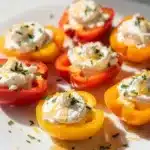 Goat cheese stuffed mini peppers with herbs and honey on rustic board
