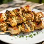 Grilled ranch garlic parmesan chicken skewers with lemon and rosemary garnish.