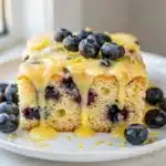 Lemon blueberry sheet cake slice with glaze and fresh berries on plate