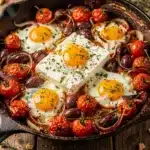 Mediterranean baked feta eggs with tomatoes olives and herbs in skillet