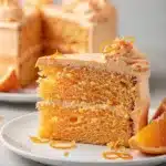 Moist orange cake with creamy vanilla frosting and fresh orange zest.