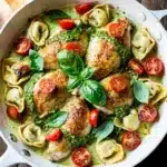 Creamy pesto chicken tortellini recipe in a close up Pinterest style photo