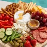 Colorful poolside snack board with cheeses, dips, fresh produce, and cured meats.