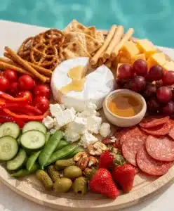 Colorful poolside snack board with cheeses, dips, fresh produce, and cured meats.