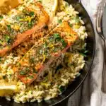 Creamy lemon orzo with flaky salmon in a one pan dinner recipe