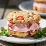 Strawberry ice cream sandwiches with white chocolate chips and mint.