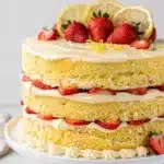 Moist lemon layer cake with strawberry filling and cream cheese frosting