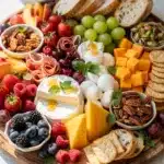 Colorful summer fruit charcuterie board with fresh berries cheese and nuts