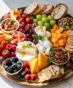 Colorful summer fruit charcuterie board with fresh berries cheese and nuts