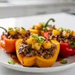 Teriyaki pineapple stuffed peppers with savory beef and rice filling