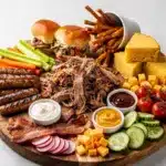 Ultimate BBQ grazing board with pulled pork sliders cornbread and fresh vegetables