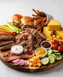 Ultimate BBQ grazing board with pulled pork sliders cornbread and fresh vegetables