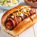 BBQ Bacon Wrapped Hot Dogs with glossy caramelized glaze.