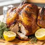 Golden crispy beer can chicken with fresh thyme and lemon.