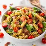 Creamy BLT pasta salad with crispy bacon and cherry tomatoes