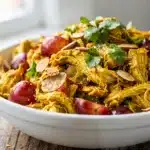 Creamy curry chicken salad croissant with grapes and almonds.