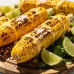 Grilled corn with golden char, melted butter, herbs, rustic board.