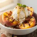 Grilled peaches with vanilla ice cream and toasted almonds closeup.