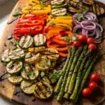 Close up grilled vegetable platter with balsamic glaze.