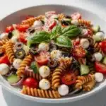 Rotini pasta salad with cherry tomatoes and fresh mozzarella.