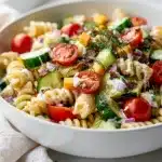 Creamy Ranch Pasta Salad with bacon and fresh dill.