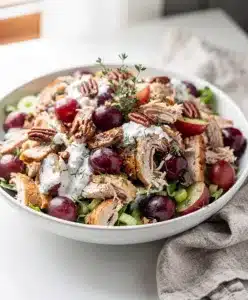 Creamy rotisserie chicken salad with grapes pecans and celery